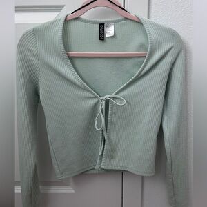 H&M Light Green Ribbed Tie-Front Blouse